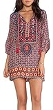 Women Bohemian Neck Tie Floral Print Ethnic Style Shift Dress (Large, pattern 1-orange)