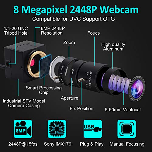 ELP Webcam 8MP,WebKamera HD 5-50mm Manuell Variable Fokus Objektiv,IMX179 Sensor USB Kamera PC Desktop/Laptop HD 2448P Zoom Kamera kompatibel mit Mac/Windows/Linux/Android USB8MP02G-SFV(5-50) – Bild 4
