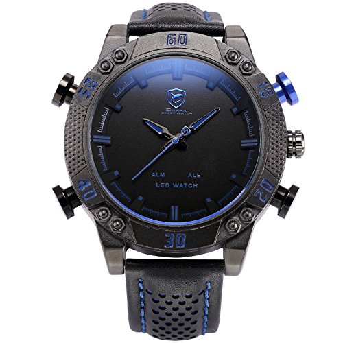 Shark Men's LED Date Day Alarm Watch, Shark Sport Watch Digital Analog Backlight Dial Quartz Black Leather Band Wrist Watch SH265 Blue, Holiday Gift for Men Wedding