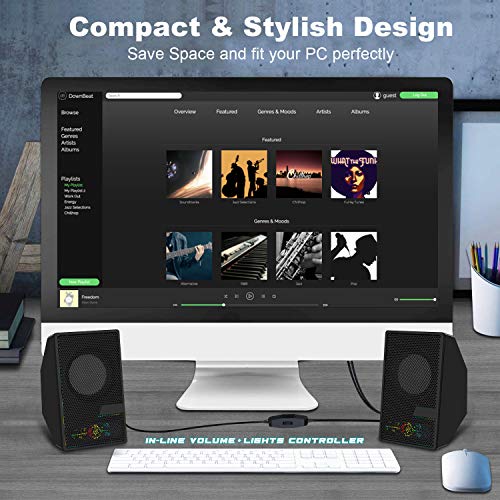 Computer Speakers, D7 Desktop Speakers USB Powered with Flashing LED Lights, 2.0 PC Speakers with 3.5mm Aux Audio Jack& Volume Control, Stereo Sound Gaming Computer Speakers for PC Laptop TV, Black