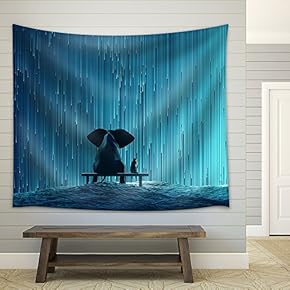 Elephant and Dog Looking at Star Rain - Fabric Wall Tapestry Home Decor - 51x60 inches