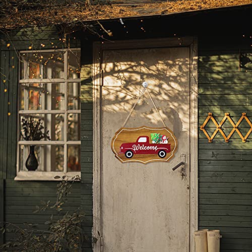 Welcome Sign, with 14 pcs Interchangeable Seasonal Ornaments Rustic Red Truck Home Sign for Front Door Decor, Seasonal Wall Hanging for Holidays