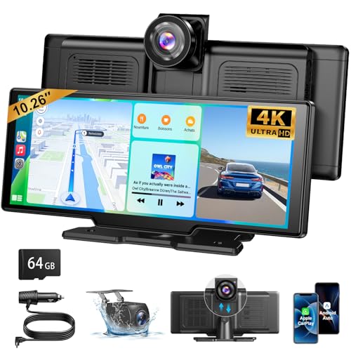 ESSGOO CarPlay Car, Supports Wireless CarPlay and Android Auto, 10.26 Inch IPS Touch Screen, 4K Front Camera and 1080P Rear View Camera, Bluetooth 5.3, GPS, FM, AUX, Mirror Link, TF Card 64G