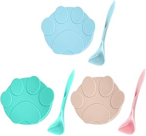 6 Pieces Cute Pet Food Can Lids and Spoons, Silicone Can Lids Covers for Dog and Cat Food, Universal Silicone Cat Food Can Lids 1 Fit 3 Standard Size, (Pink, Blue and Green)
