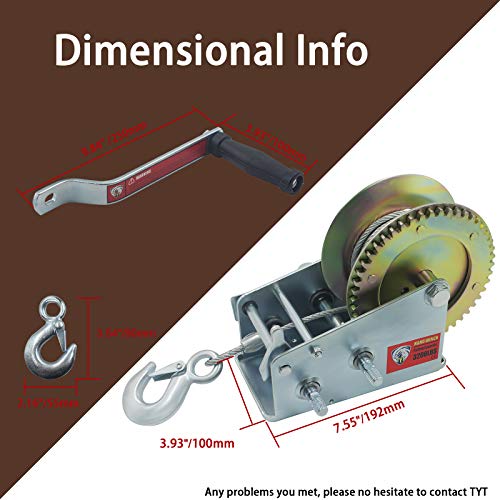 TYT 3200lbs Boat Trailer Winch with Heavy Duty Hook, 10M Steel Cable Hand Winch, Two Way Ratchet Crank ATV Winch for SUV Towing (3200lb Cable Winch - Zinc-Plated) - Image 4
