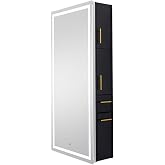 Pibbs 9110 Lumina LED Salon Mirror Storage Server Gold Handles | Black Wood, Dimmable LED Full-Length Mirror, Gold Metal Pulls, Tool Holder, Wall-Mounted For Salons, Spas &amp; Barbershops