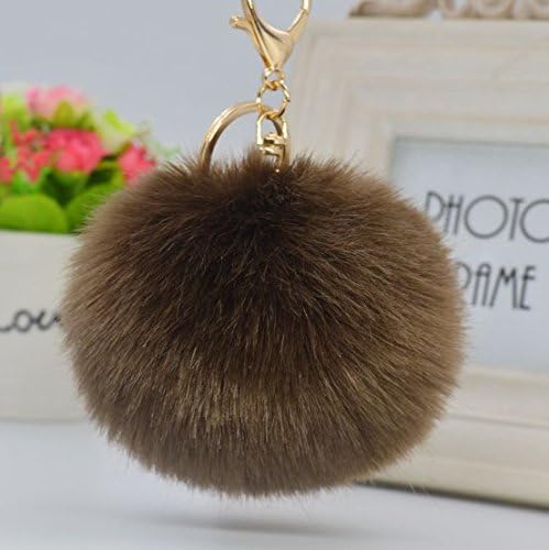 Viawow Rabbit Fur Pom Pom Ball Keychain - Big 10 cm Faux Fur Charm Ball with Gold Plated Key Ring Chain Keychain (Coffee)