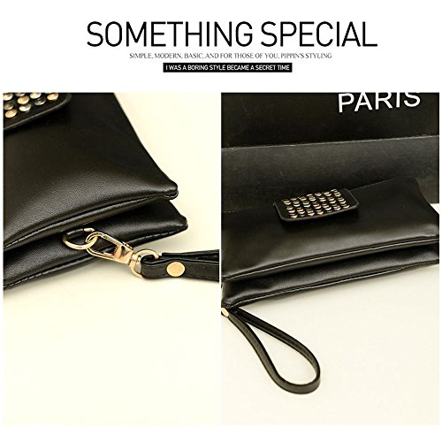 New Women's Leather Handbag Mosaic Rivets Shoulder Day Clutch Evening Bag Wallet Purse Wrist Bag (Black)