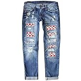 Distressed Boyfriend Jeans for Women with Plaid Patchwork Ripped Design Holes Design Stretch Comfort Skinny Denim Pants