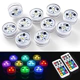 10pcs Submersible LED Lights 100% Waterproof CR2450 Mood Light Underwater Lights Battery Powered with IR Remote Control for Vase,Fishtank,Wedding,Halloween,Christmas