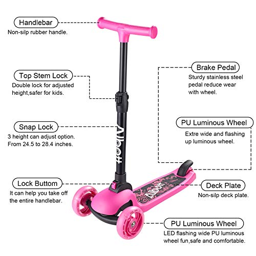 Albott 3 Wheels Kick Scooter for Kids and Toddlers Adjustable Height