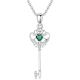 LEECCI Key Necklace 925 Sterling Silver Birthstone Heart Key Pendant Birthstone Jewelry for Women