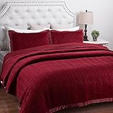 Velvet Quilt Set King Size Burgundy Leaf Pattern Hypoallergenic All Season Lightweight by Bedsure