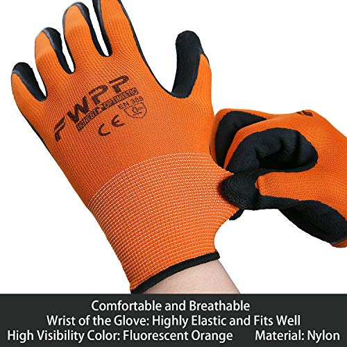 FWPP GL008005L12 Nylon Latex Foam Coated Work Gloves Construction Gloves Pack of 12 PairsÂ  Large Fluorescence Orange