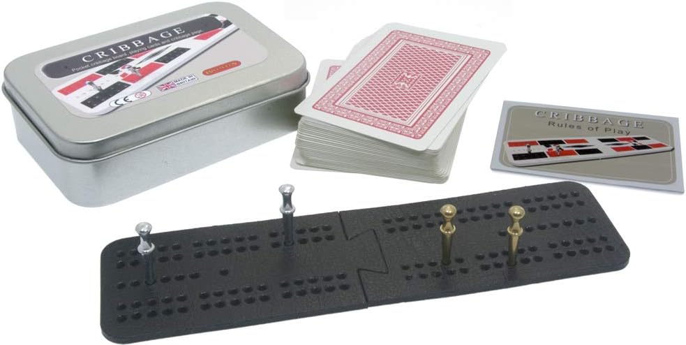 Brimtoy pocket cribbage board in tin with playing cards, metal pegs and instructions, Leatherette 2 part style board