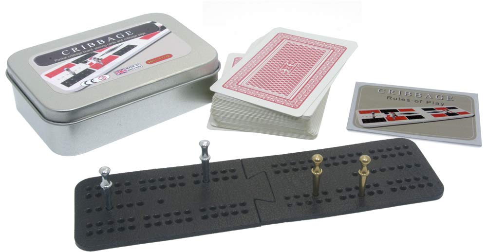 Brimtoy pocket cribbage board in tin with playing cards, metal pegs and instructions - Leatherette 2 part style board - tin measurements 107 x 73 x 28mm - ideal for travel - Unisex - Adult/Teen