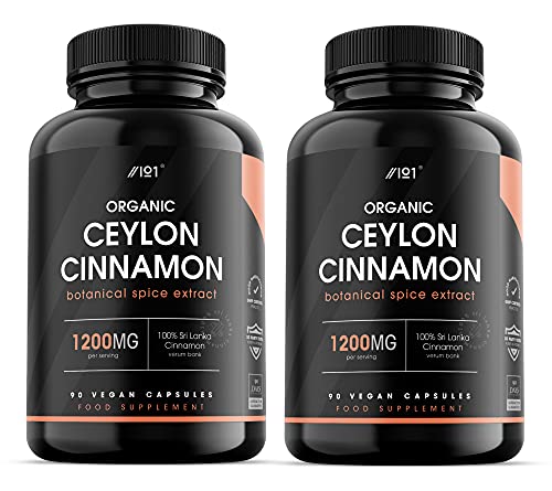 Organic Ceylon Cinnamon 1200mg - Potent 100% Sri Lanka Cinnamon Verum - Halal - 90 Vegan Capsules (2 Pack)