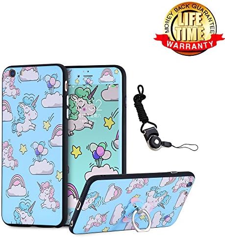 iPhone 6 Case, iPhone 6S Case Screen Protector Tempered Glass Film With Holder Ring Kickstand, 360 Full Body Nice Thin Slim Hard Cartoon Blue Unicorn Cover Lanyard Shell Skin For iPhone 6/6S 4.7"