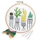 Unime Full Range of Embroidery Starter Kit with Partten, Cross Stitch Kit Including Embroidery Cloth with Color Pattern, Bamboo Embroidery Hoop, Color Threads, and Tools Kit (Cactus)