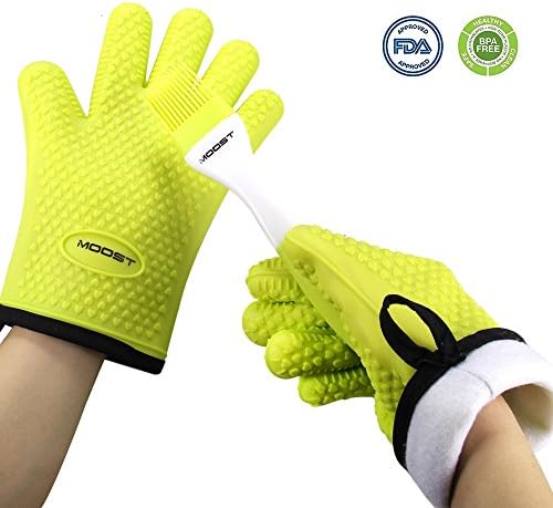Silicone Oven Mitts - Heat Resistant Oven Gloves Silicone Oven with A Premium Brush Included - Ideal for Cooking Grilling BBQ - Internal Protective Cotton Layer - Non-Slip Grip - Food Grade Safety