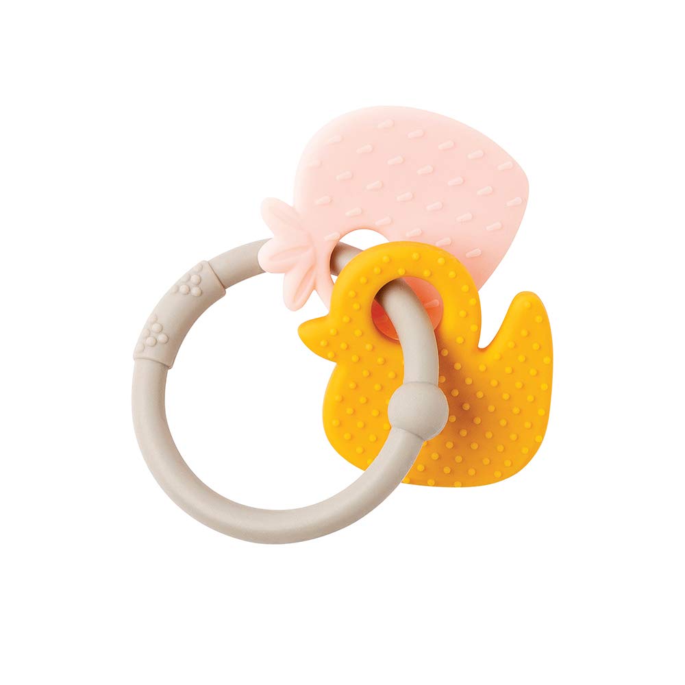 Nattou 2-in-1 Animal Teether Ring + Rattle, BPA Free Silicone Teething Soother, Easy to Grab/Hold for Newborn, Easy Wipe Clean, 6 Months+, Strawberry & Duck Grey Ring — image 1