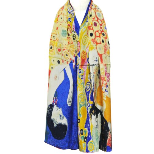 Wrapables Luxurious 100% Charmeuse Silk Long Scarf with Hand Rolled Edges, Gustav Klimt's Hope II