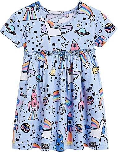 Bumeex Little Girls Cotton Casual Cartoon Print Short Sleeve Skirt Dresses
