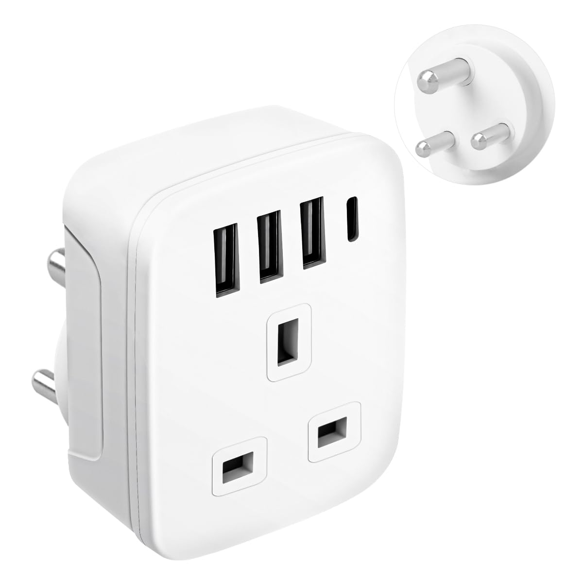 UK to India Plug Adapter,SHUOMAO Grounded UK to 3 Pin India Travel Adapter with 3 USB+1 USB C 17W Fast Charger,Converter Plug Adaptor for Indian,Sri Lanka,Pakistan,Burma,Maldives,Yemen(Type D)