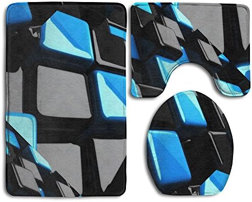 3 Piece Bath Rug Set Geometry Blue Squre Bathroom Rug (32"x20")/U-shaped Contour Mat (20"x16") With Lid Cover (1418)