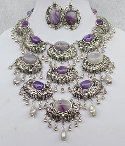 Purple Agate Amethyst Multi Cabochon Big Bib Gemstone Necklace Earrings One of a Kind