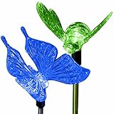 Butterfly Bumble Bee Decorations Solar Garden Outdoor Decor Stake Lights Color Changing Decorative Landscape Path LED Bulb Fairy Gift Fixtures Patio Lawn Backyard Pathway Walkway (2 Pack)