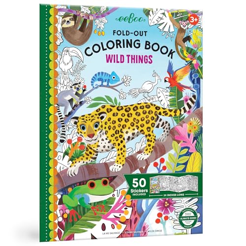 eeBoo: Fold Out Coloring Book - Wild Things - w/ 50 Shiny Stickers, Folds-Out for 39" of Coloring, Animal & Nature, Art Activity, Kids Ages 3+