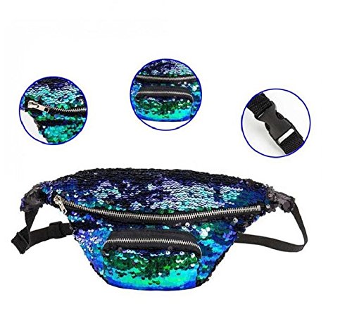 YuKing Unisex Mermaid Sequins Fanny Waist Pack Double Color Beach Waist Bag Casual Sport Outdoor Travel Crossbody Bags (Green/Black) - Thumbnail 2