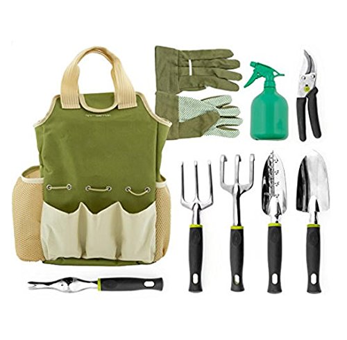 	 Vremi 9 Piece Garden Tools Set - Gardening Tools with Garden Gloves and Garden Tote - Gardening Gifts Tool Set with Garden Trowel Pruners and More - Vegetable Herb Garden Hand Tools with Storage Tote