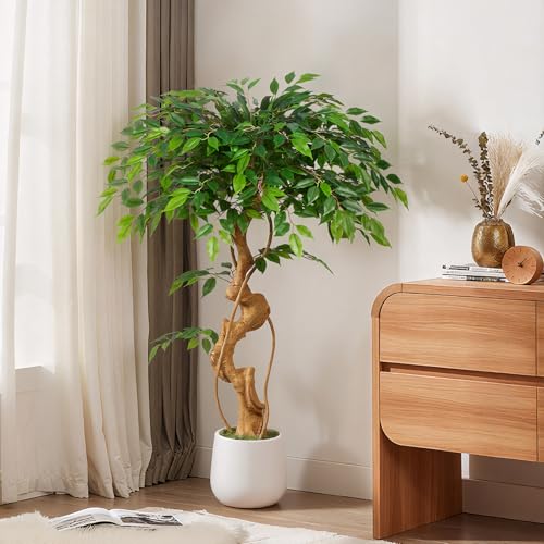 Keeplush - Artificial Ficus Plant, 120cm with White Pot, Real Large Artificial Plants with Curved Trunk and 930 Leaves Artificial Plant for Indoor Living Room Decor