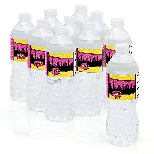 BAM! Girl Superhero - Baby Shower or Birthday Party Water Bottle Sticker Labels - Set of 10