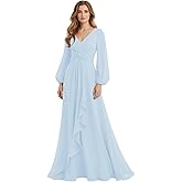 IMCACTOR Women's Chiffon Bridesmaid Dresses Long Sleeve Ruffles V-Neck Pleated Formal Wedding Guest Dresses