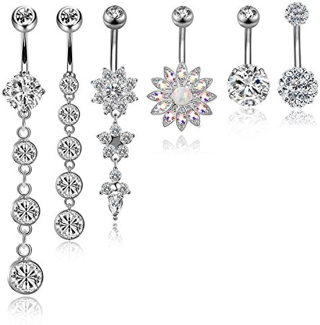 CABBE 6Pcs Belly Button Rings Set for Women 14G Stainless Steel Dangle Navel Rings Barbells (A:6Pcs Silvertone)