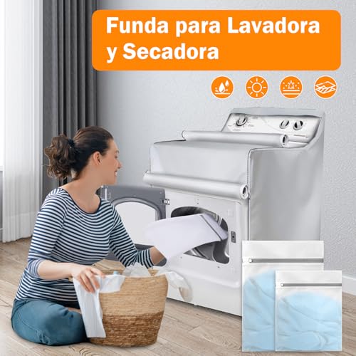 KIROGILY Funda para Lavadora, Funda de Lavadora y Secadora Resistente A Los Rayos UV, al Polvo y al Agua, Cubre Lavadora Ajustable con Almohadillas Antivibración de 4 Piezas y Dos bolsas para lavadora