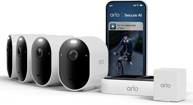 Pro 6, WiFi 2K+ HDR Câmara de vigilância exterior, reconhecimento por IA, visão noturna a cores, funciona com Alexa, Arlo Secure Test incluído, 4 câmaras + 1 bateria adicional e carregador duplo