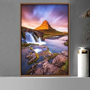 signwin Framed Canvas Mountain Waterfall on Sunset Global...