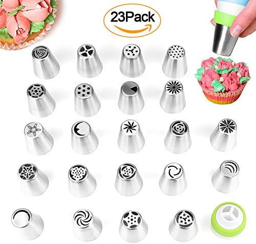 XUZOU Russian Piping Tips, Cake Decorating, 39 Baking Supplies Set - 23 Icing Nozzles - 15 Pastry Disposable Bags and Coupler, Stainless Steel Materials - Ideal Kitchen Gift