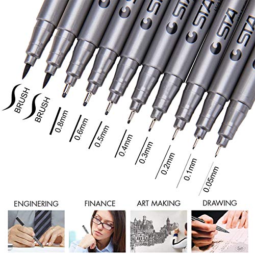 Precision Black Micro-Pen, Fineliner Ink Calligraphy Pens - Waterproof Archival Ink Fine Point Micro Pen, Multiliner - Brush Lettering, Sketching, Technical Drawing, Office Documents, 10Pcs/Set