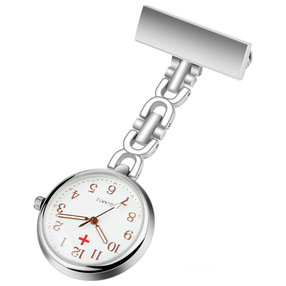 Tiong Nurse Fob Watch with Clip Stainless Steel Chain Quartz Movement Red Cross Dial for Medical Professionals Waterproof Easy to Read