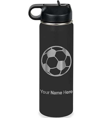 LaserGram Personalized 20oz Double Wall Water Bottle - Soccer Design, Flip Top Straw