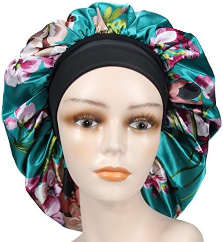 Large Satin Printing Bonnet Sleep cap Wide Elastic Band for Women Curly Natural Long Hair(Green)