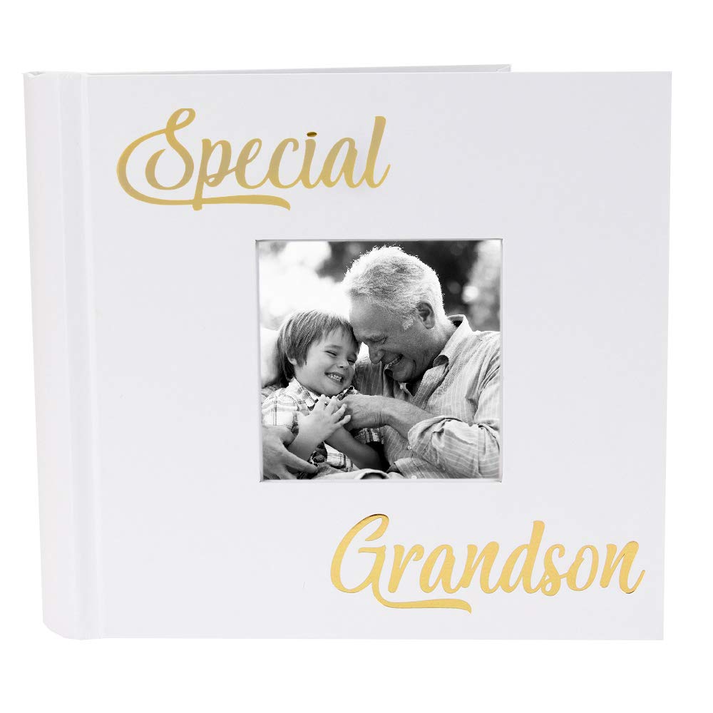 Happy Homewares Modern White Special Grandson Photo Album with Gold Foil Text - Holds 80 4x6 Pictures - Perfect Grandson Gift Idea