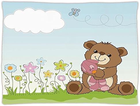 Super Soft Throw Blanket Custom Design Cozy Fleece Blanket,Kids,Cartoon Style Cute Teddy Bear with Toy in Meadow Swirled Flowers Butterfly and Cloud,Multicolor,Perfect for Couch Sofa or Bed