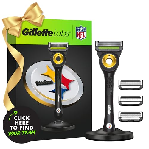 Gillette Labs Special NFL Steelers Edition Shaving Razor for Men - 1 Handle, 4 Razor Blade Refills & Magnetic Stand, Holiday Gifts for Men, GilletteLabs with Exfoliating Bar Image