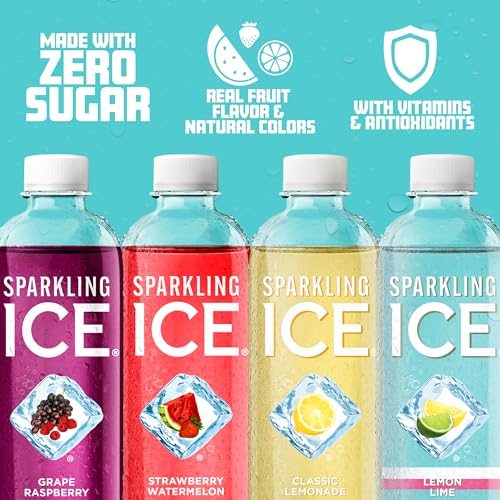 SPARKLING ICE BLUE VARIETY PACK, ZERO SUGAR SPARKLING WATER, WITH VITAMINS AND ANTIOXIDANTS, 17 FL OZ, 12 COUNT (CLASSIC LEMONADE, STRAWBERRY WATERMELON, GRAPE RASPBERRY, LEMON LIME)